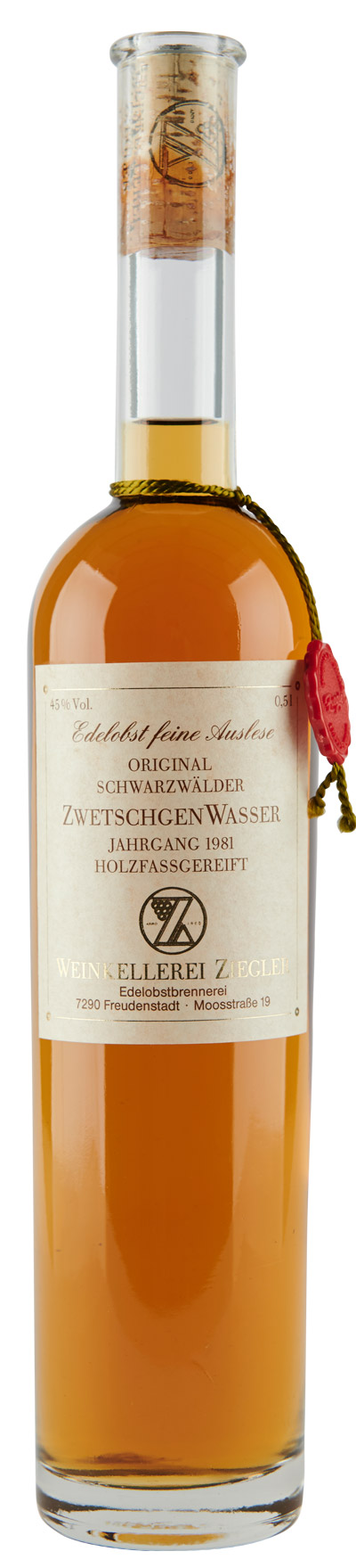 Zwetschgenwasser Holzfassgereift-Ernte 1981 45% Vol. (0,5 l)